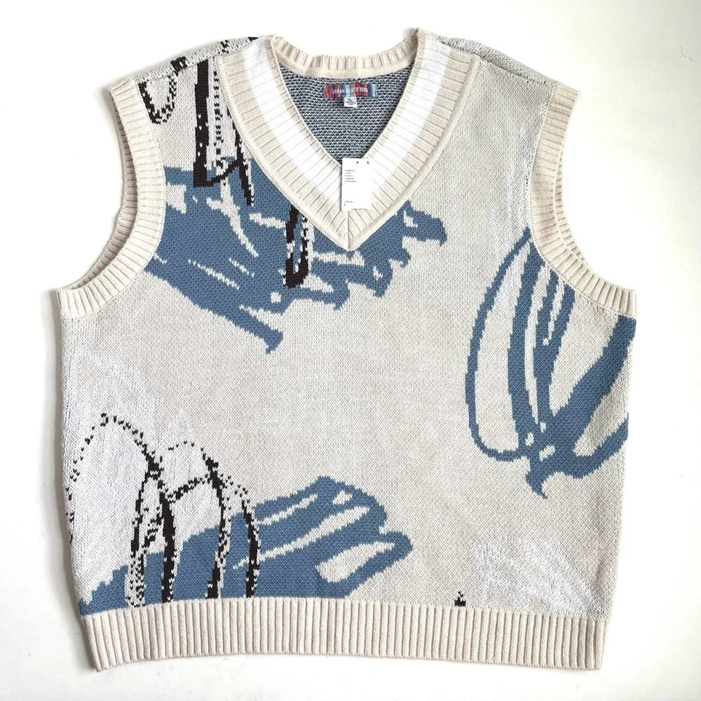 Urban Outfitters Men’s Abstract Pattern V-Neck Sweater Vest Cream Blue Large